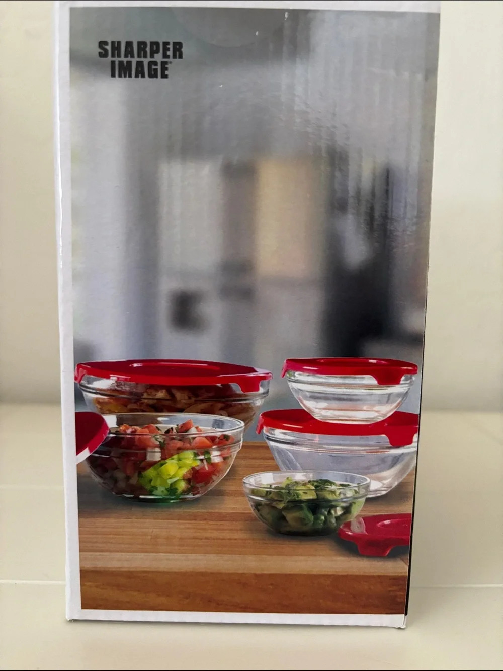 New Sharper Image Glass Bowl Set with Red Lids - Clear Bowls
